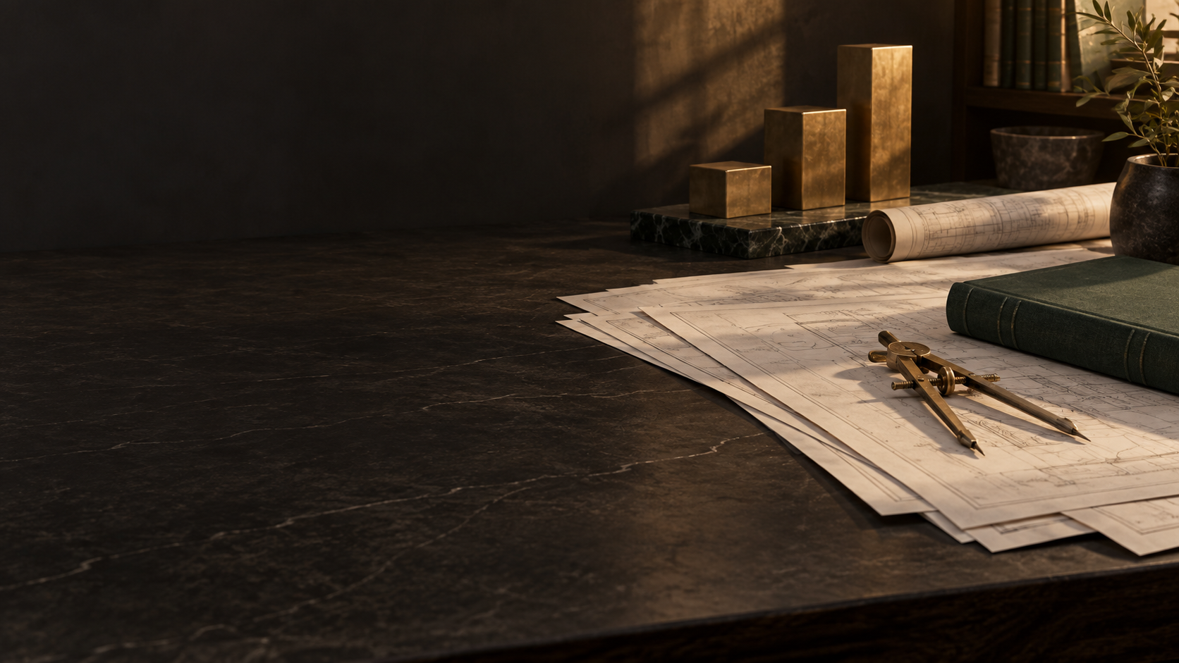 Institutional planning still life with architectural plans, brass compass, green ledger, and measured gold forms.